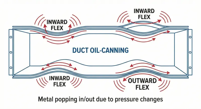 Diagram showing metal ductwork flexing or 'oil-canning' due to pressure changes