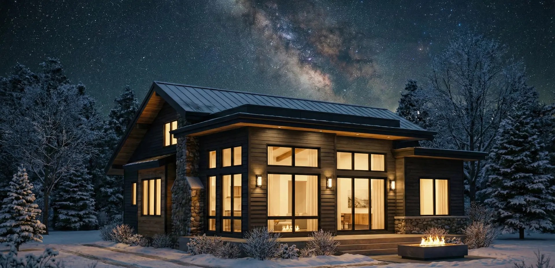 A modern house in winter under a starry sky, illustrating thermal contraction