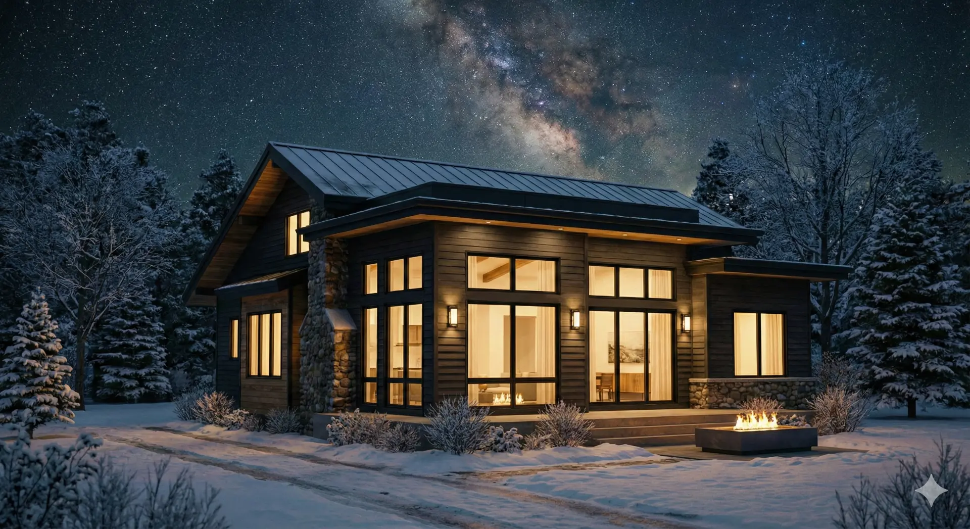 A modern house in winter under a starry sky, illustrating thermal contraction