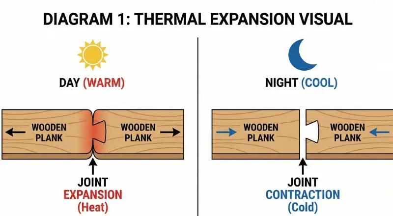 Diagram showing wood expanding in heat and contracting in cold