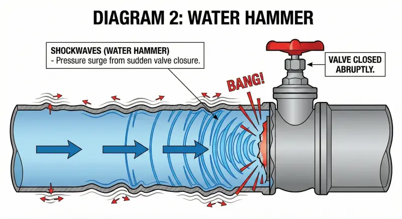 Illustration of shockwaves in a pipe caused by water hammer